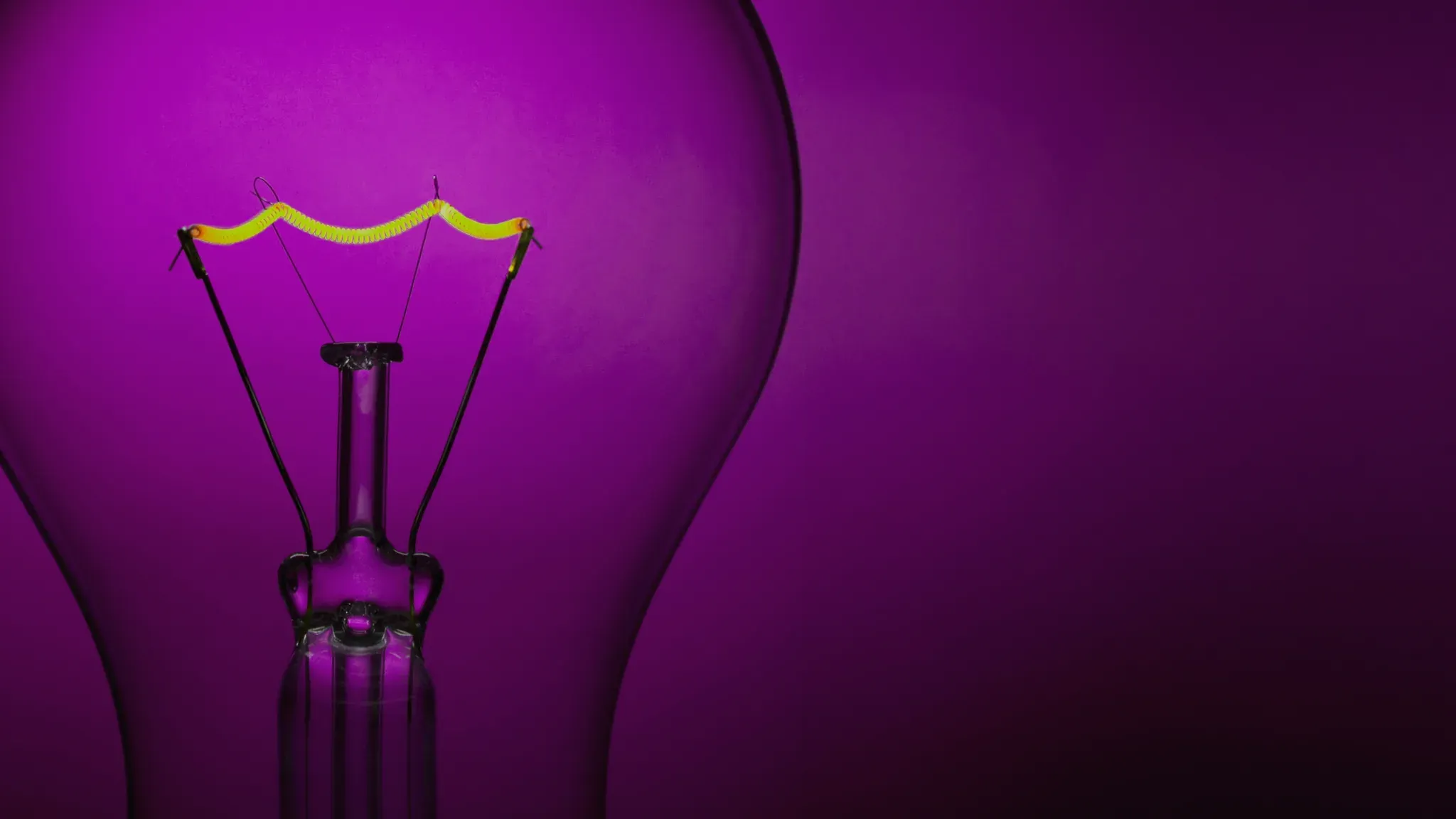 A close-up of an illuminated lightbulb filament against a magenta background.